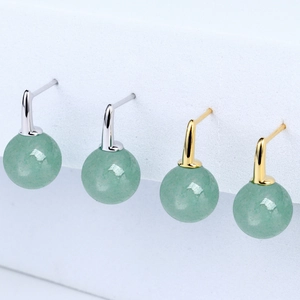 925 Sterling Silver Aventurine Jade Round Bead Stud Earrings French Retro Minimalist Elegant Green Stone Jewelry For Women