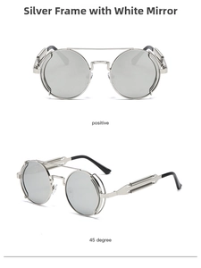 Steampunk round metal sunglasses with silver frame and white mirror lenses