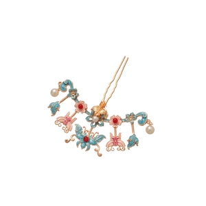 Épingle à cheveux chinoise avec papillon en émail bleu et pompons de perles élégants