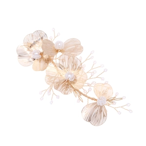 Golden bridal flower hair comb with delicate wire petals and elegant white pearl accents