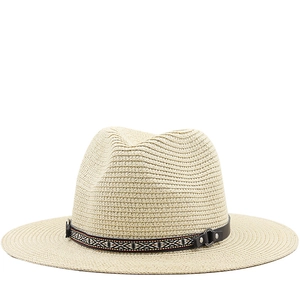 Chapeau De Paille Fedora À Bord Large Respirant Bande Géométrique Ethnique Extérieur Été Plage Femmes Hommes