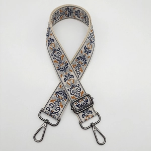 Ethnic style embroidered bag strap with floral jacquard and gunmetal swivel hooks