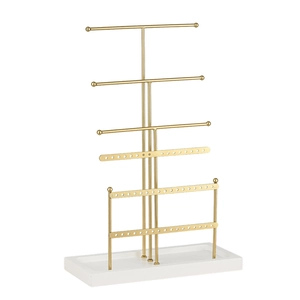 6-tier gold metal jewelry organizer stand with white base for necklaces and earrings