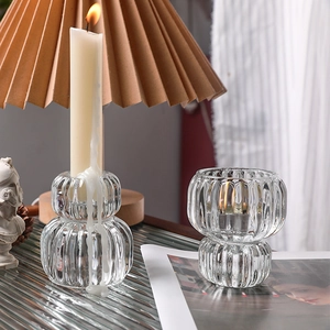 Transparent Ribbed Glass Candle Holder Dual Use Candlestick Nordic Style Minimalist Table Ornament Romantic Dinner Decor