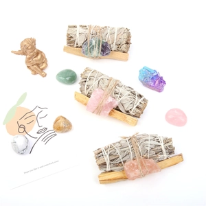 White sage smudge sticks with palo santo and colorful raw crystal healing stone kit
