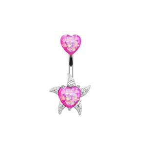 Detailed view of silver belly ring featuring pink heart stones and a starfish base
