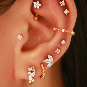 Close-up of gold S925 silver earrings with sparkling cubic zirconia on a model ear