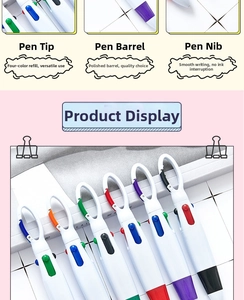 Detail view of the colorful carabiner clip and four-color ink selection on plastic pen
