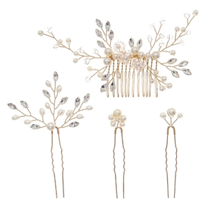Set di 4 pettini per capelli da sposa con perle e cristalli in elegante design floreale dorato
