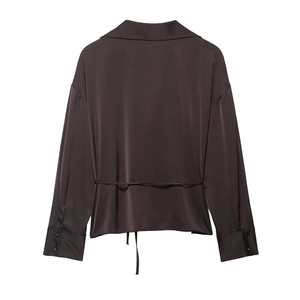 Deep brown satin blouse for women with long sleeves and back waist tie on white background