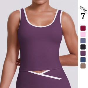 Damen Slim Fit Kontrastbesatz Sportweste Doppelseitig Gebürstet Atmungsaktiv Yoga Top Eng Lauf Fitness Ärmellos Top