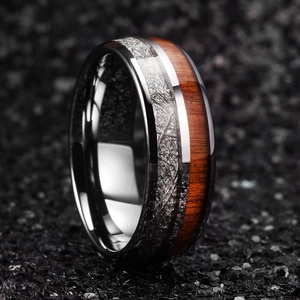Macro detail of men's 8mm stainless steel ring with wood inlay and polished grooves
