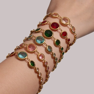 Luxurious 18K gold-plated stainless steel bracelet set with colorful Czech glass gems