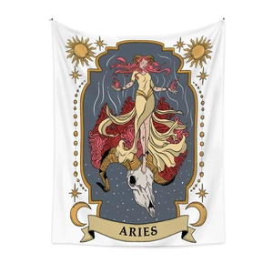 Detailed Aries zodiac tapestry showing a red-haired woman standing on a ram skull with flames