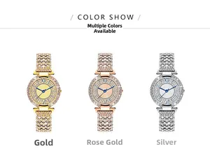 Close-up of three luxury women's watches in gold, rose gold and silver with zircon accents