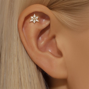 Macro shot of gold S925 sterling silver star stud earring with white cubic zirconia