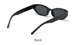 Detail view showing the back profile and temple hinges of black oval candy color sunglasses
