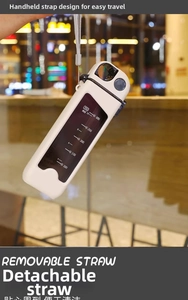 Detail view of a 350ml portable water bottle with scale window and detachable straw