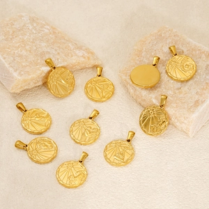 Golden titanium steel zodiac pendant necklace featuring embossed celestial art designs