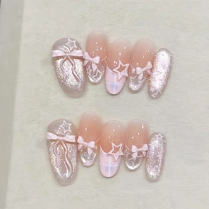 Ongles À Presser Rose Cat Eye Design Blush Avec Nœud Stéréoscopique Et Étoile Plastique ABS Amovible Mode