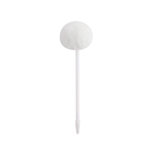Close-up of a white plush pom-pom pen with a sleek minimalist plastic barrel for students