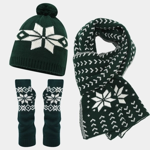 Detail of dark green winter knit set featuring white snowflake patterns and soft textures
