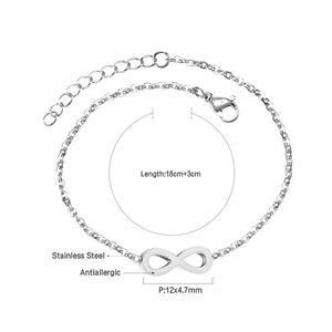 Detailed macro of stainless steel infinity charm bracelet with anti-allergic finish