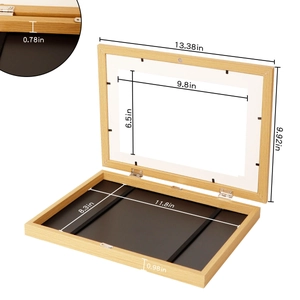 Detail view of wooden art frame with specific dimensions and internal storage capacity