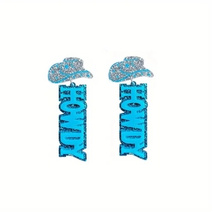 Punk style cowboy hat earrings with blue silver glitter HOWDY pendant for women