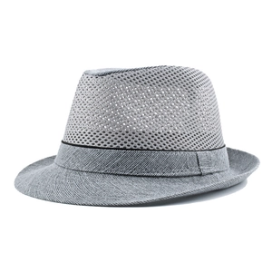 Detailed view of light gray breathable mesh fabric and brim on men summer jazz hat