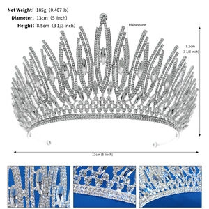 Detailed views showing a bridal rhinestone crown with weight and size specifications