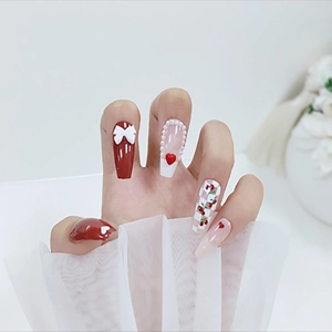 Press On Nails Long Coffin Red White Heart Bow Cherry Pattern Sweet French Style Artificial Fingernails Women
