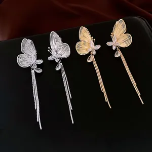 Orecchini a farfalla placcati oro 18k con pietre di zircone e lunghe nappe pendenti