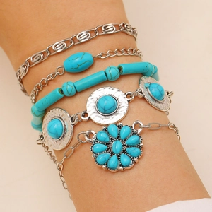 Vintage bohemian turquoise bracelet set for women featuring retro silver cuffs and beads