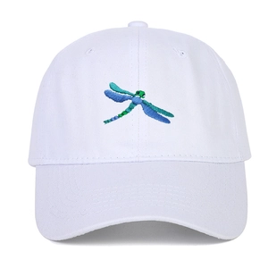 White cotton baseball cap with colorful dragonfly embroidery and curved brim