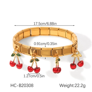 Detailed size parameters of gold cherry charm bracelet with 17.5cm length measurements