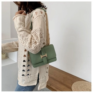 Detail of green crocodile texture leather bag with elegant golden metal H-buckle