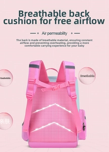 Detail of ergonomic breathable honeycomb mesh back padding on the pink school backpack