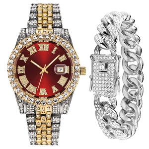 Men's hip hop watch and cuban link bracelet set with crystals and red dial