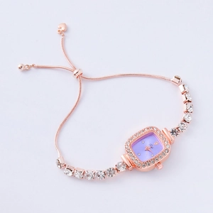 Close-up of rose gold square watch featuring a purple dial and adjustable heart slider clasp