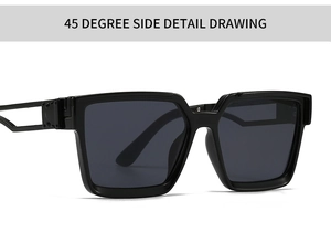Close-up of black rectangular sunglasses from a 45-degree angle on white background