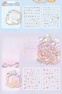 Detail of miniature DIY animal town sticker set with PET waterproof scenery sheets