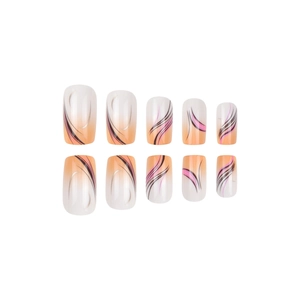 Square press-on nails featuring orange and white gradient with elegant golden curved lines