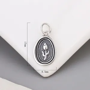 925 Sterling Silver Tulip Pendant Oval Wax Seal Style Relief Flower Charm For DIY Jewelry Making Findings Necklace Bracelet Accessory