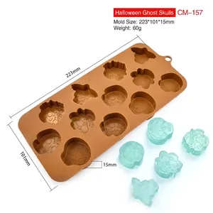 Detail of Halloween silicone mold with ghost and skull shapes including size measurements