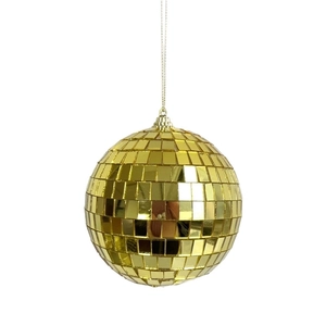 Golden disco ball ornament with reflective mirror tiles and a top hanging loop