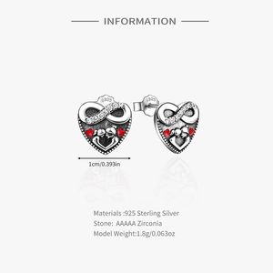 Detailed specs of S925 sterling silver heart earrings with 5A zirconia and infinity design