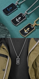 Three colors of hip-hop anchor pendant necklaces in blue, silver, and gold with model display