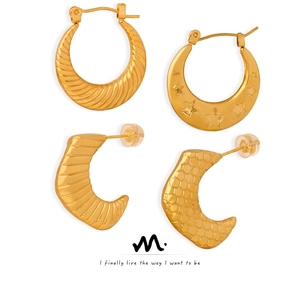 Minimalist Titanium Steel Gold Plated Hoop Earrings For Women Geometric Textured Star Honeycomb Pattern C Shaped Fashion Jewelry