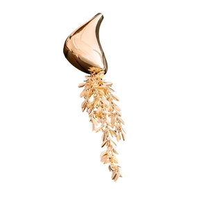 Minimalist gold geometric tassel earring with droplet design and leaf-shaped pendants